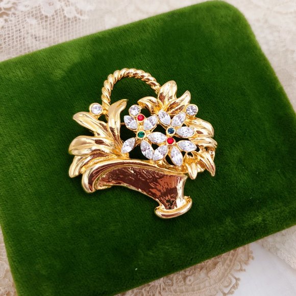 Vintage Flower Basket Brooch Bouquet, Gold tone Plant Pin - Picture 3 of 9